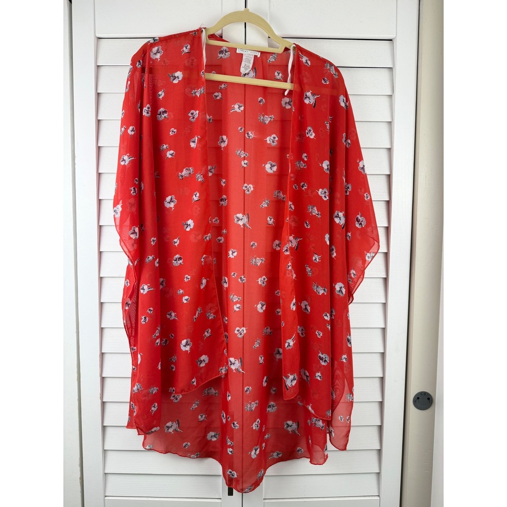 Emory Park Kimono XL Red Floral Chiffon Open Front High Low Flowy Cardigan